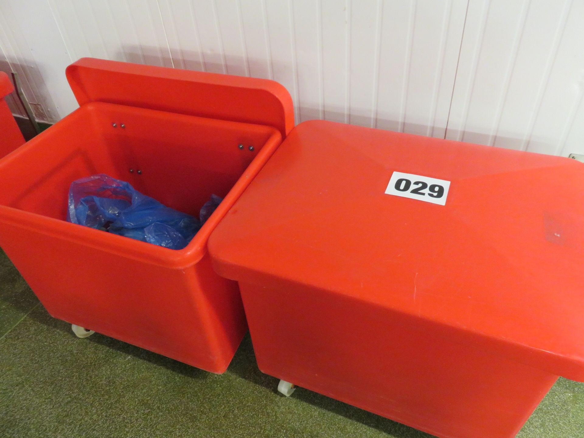 2 x Mobile plastic Bins with Lid & Holder. Red. Lift out £10