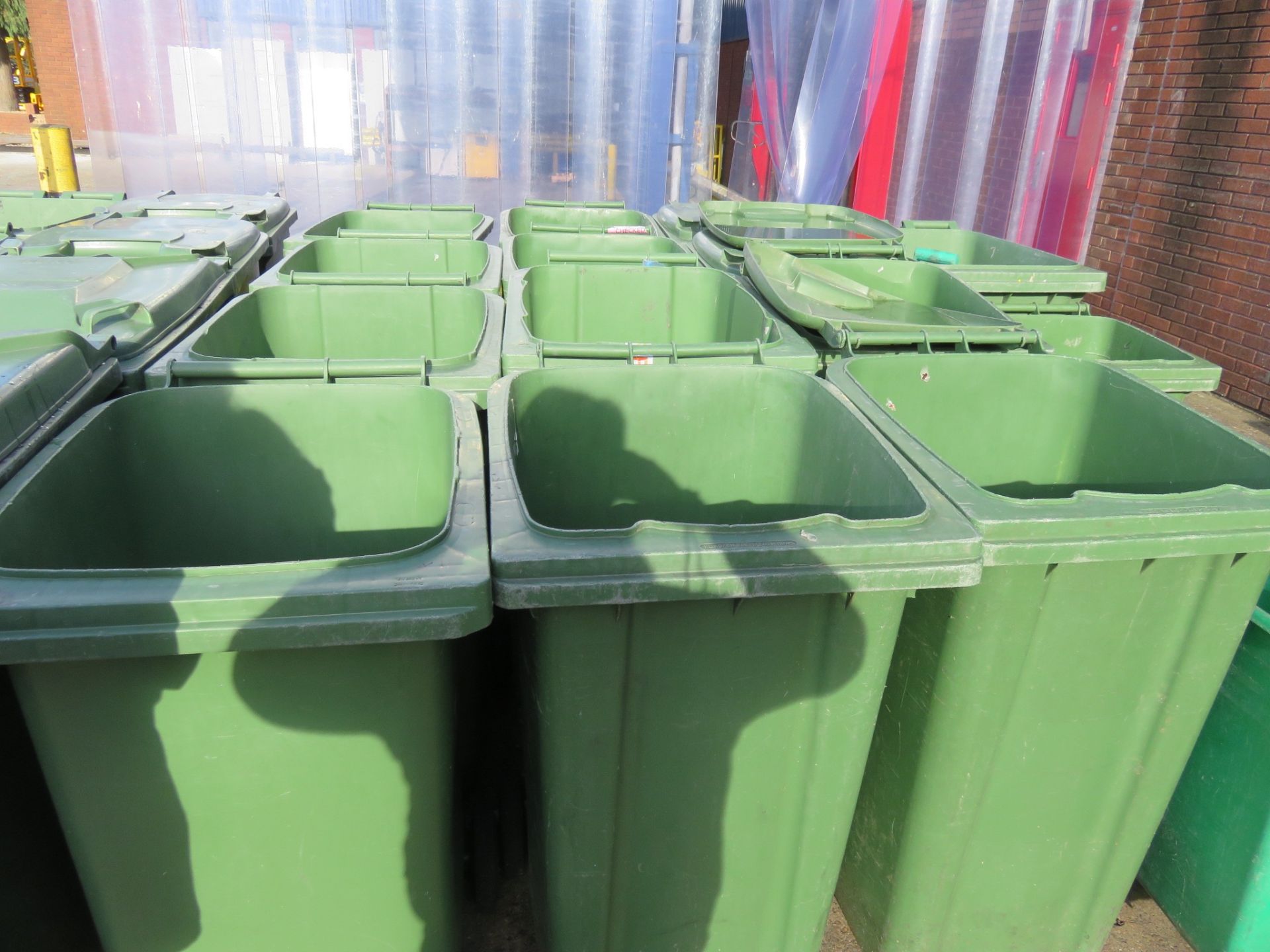 4 x Green Wheelie Bins 2 wheels some with lids. Approx. 500 x 560 x 1000mm. Lift out charge £5 - Image 2 of 2