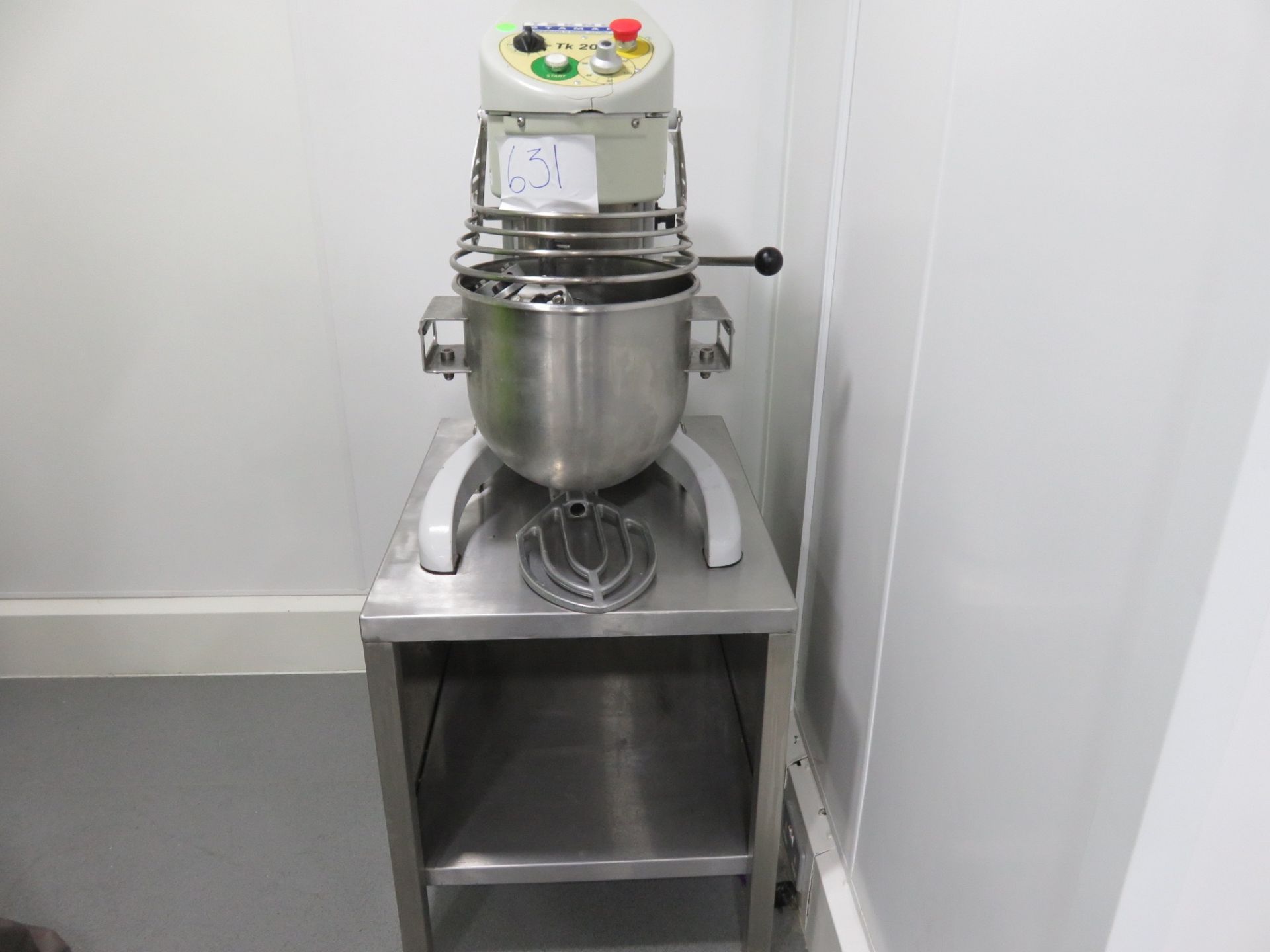 20qrt Mixer TK20 by Tekno with bowl, beater, whisk & hook and sits on a Table. Lift out charge £30