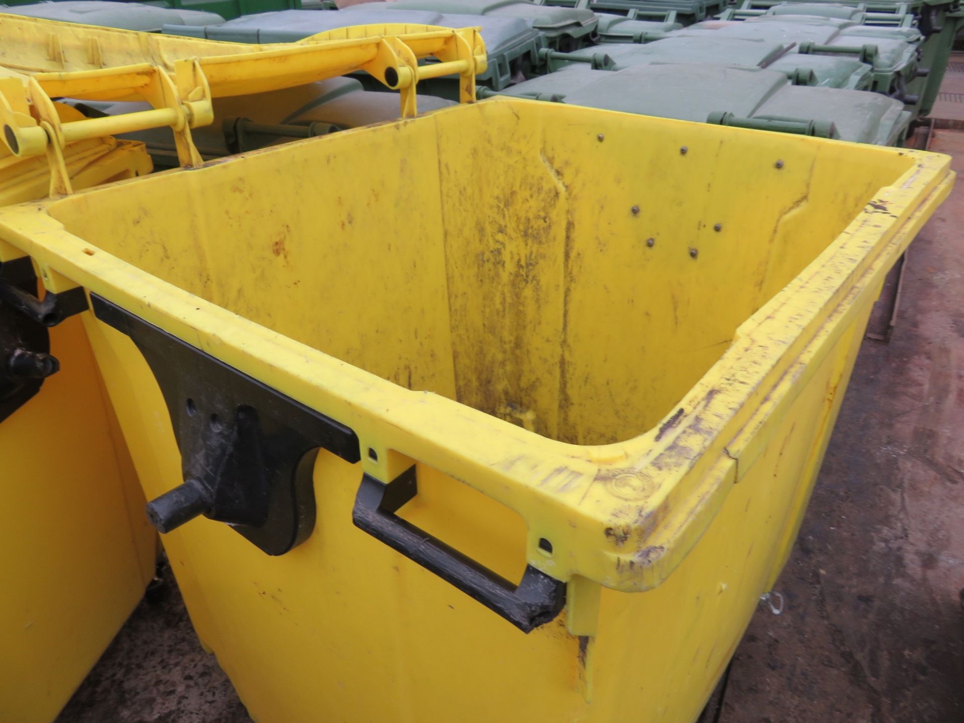 3 x Yellow Wheelie Bins some with lids. Approx. 1100 x900 x 1500mm high. Lift out charge £5 - Image 3 of 3