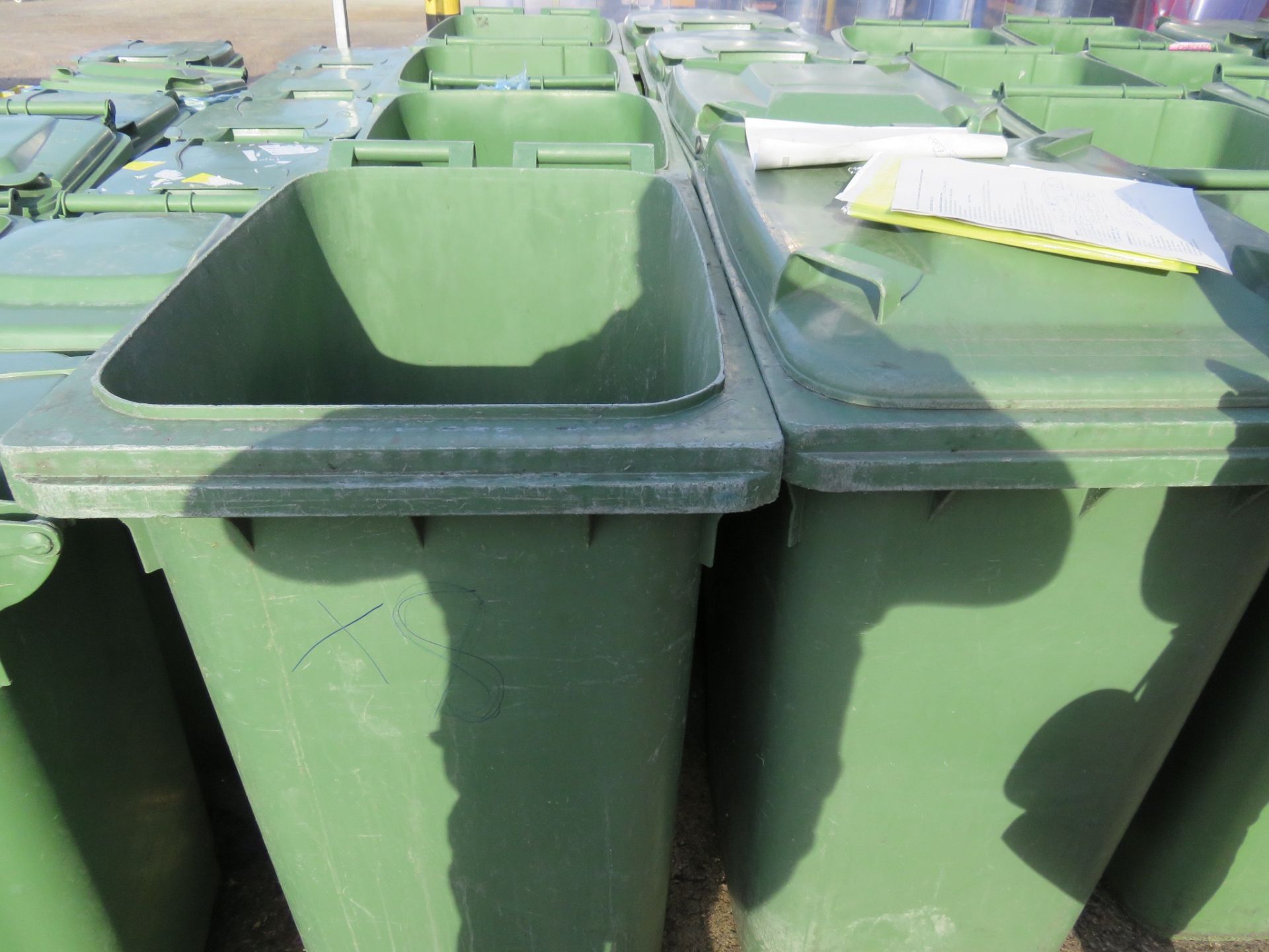 4 Green Wheelie Bins 2 wheels by Kilco some with lids. Approx 720 x 530 x 1000mm Lift out charge £5