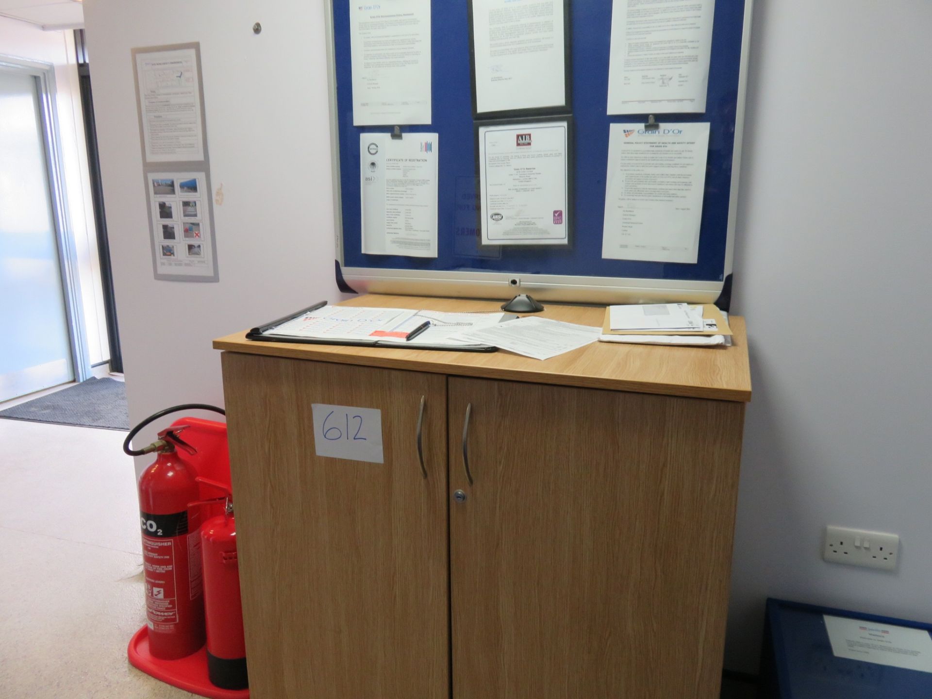 2 x Fire Extinguishers, Nobo Board, 1 x Wooden Cabinet. Lift Out £20 - Image 2 of 2