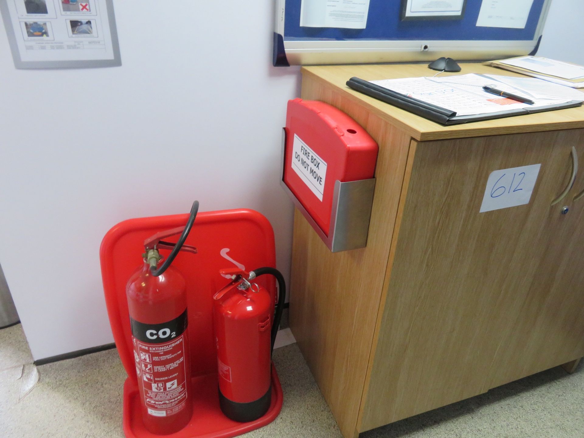 2 x Fire Extinguishers, Nobo Board, 1 x Wooden Cabinet. Lift Out £20