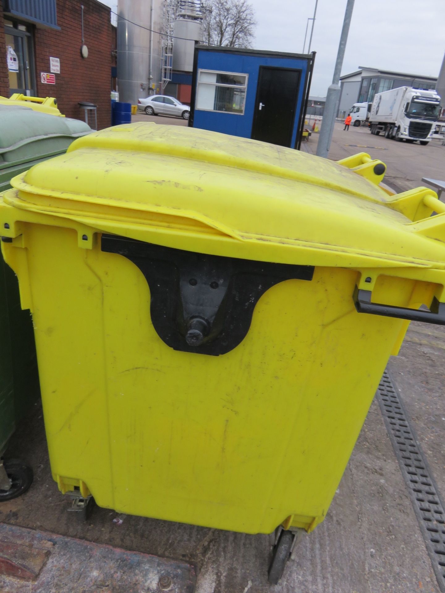 3 x Yellow Wheelie Bins some with lids. Approx. 1100 x900 x 1500mm high. Lift out charge £5 - Image 2 of 3
