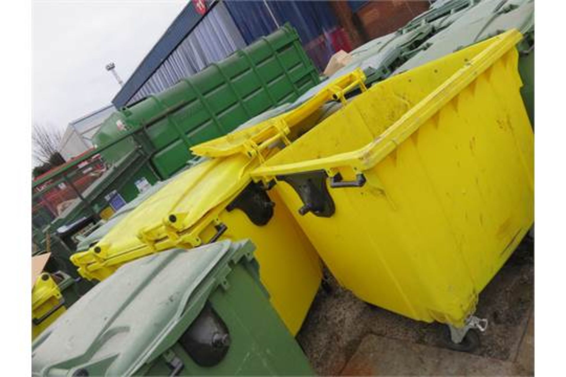3 x Yellow Wheelie Bins some with lids. Approx. 1100 x900 x 1500mm high. Lift out charge £5