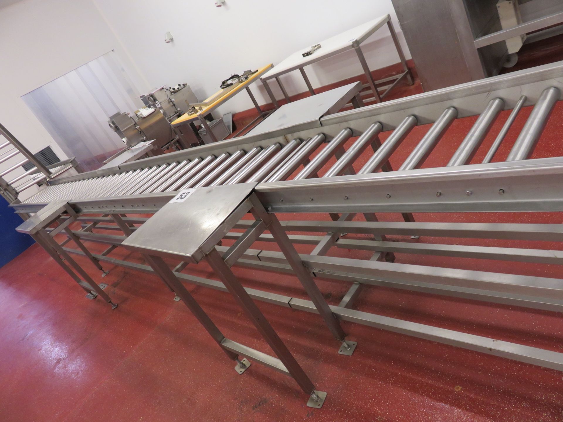 Roller Conveyor. Approx 10 metres x 500mm wide. with 4 Work Stations. Lift Out £80