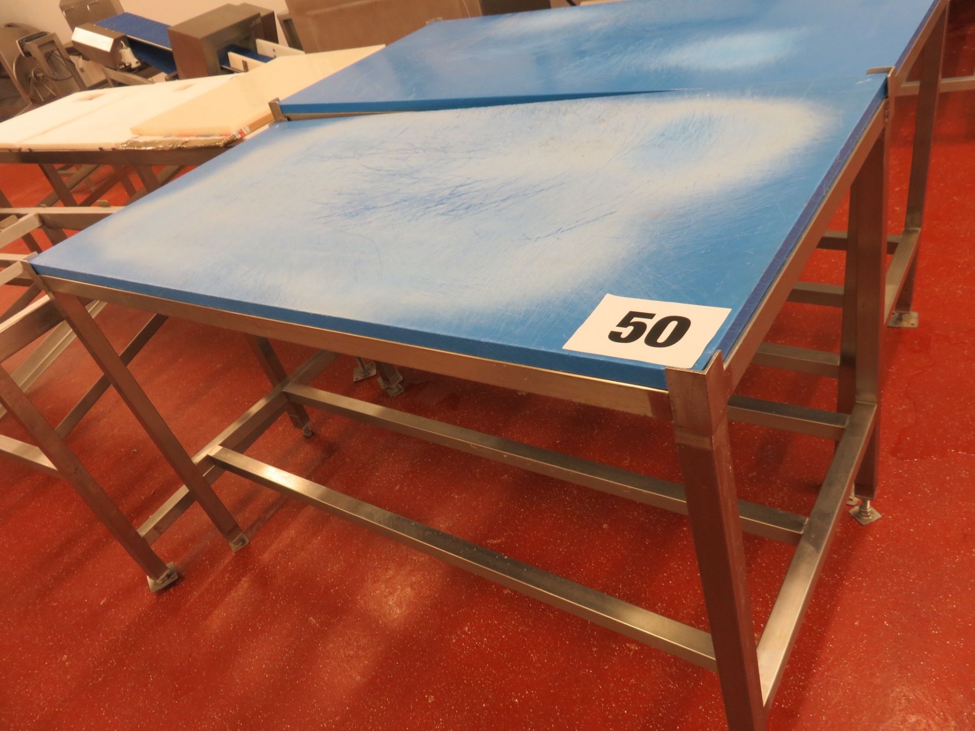 S/s Blue Cutting Table. Approx. 1.5 metres x 750mm. Lift Out £15