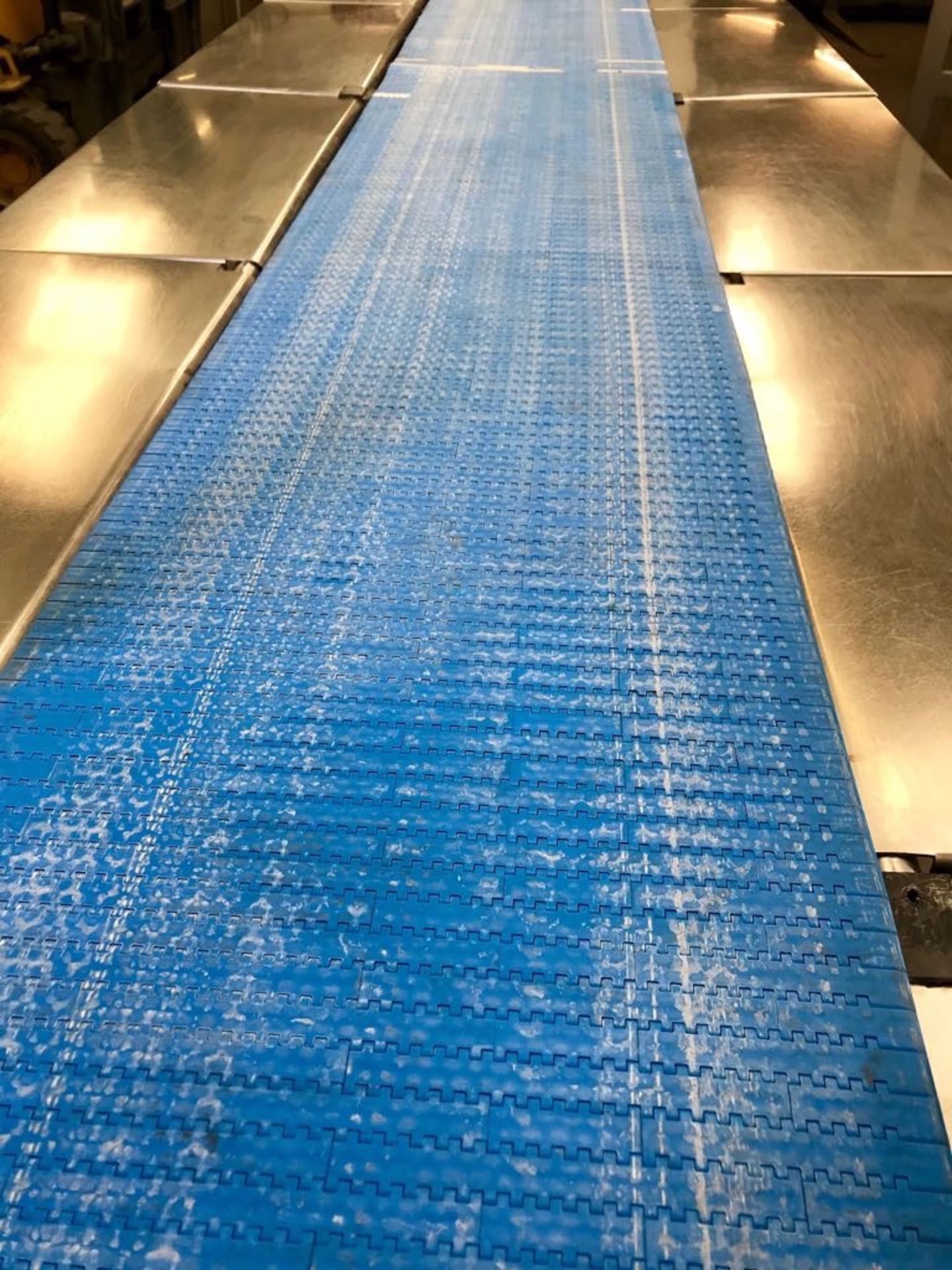 Packing Conveyor with blue introlox 400mm wide belt. 6 work stations each side.Overall length. LO£50