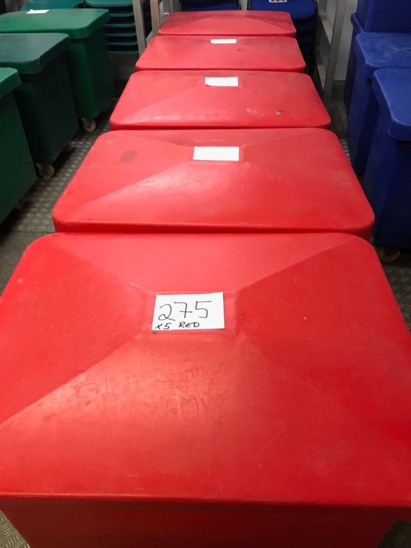5 x Red Plastic containers with Lids. On wheels. Approx 800 x 550mm deep. LO £20 - Image 2 of 2
