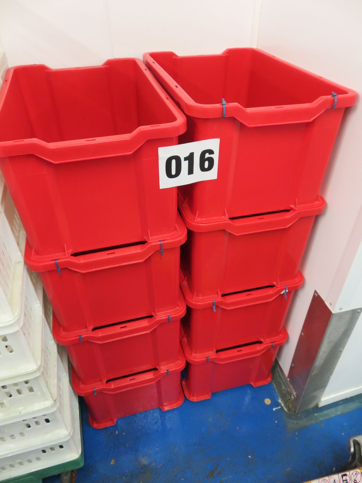 2 x stacks of 4 red Trays on dollies. Total of 8 Trays. approx. internal 530 x 350 x deep. LO £10