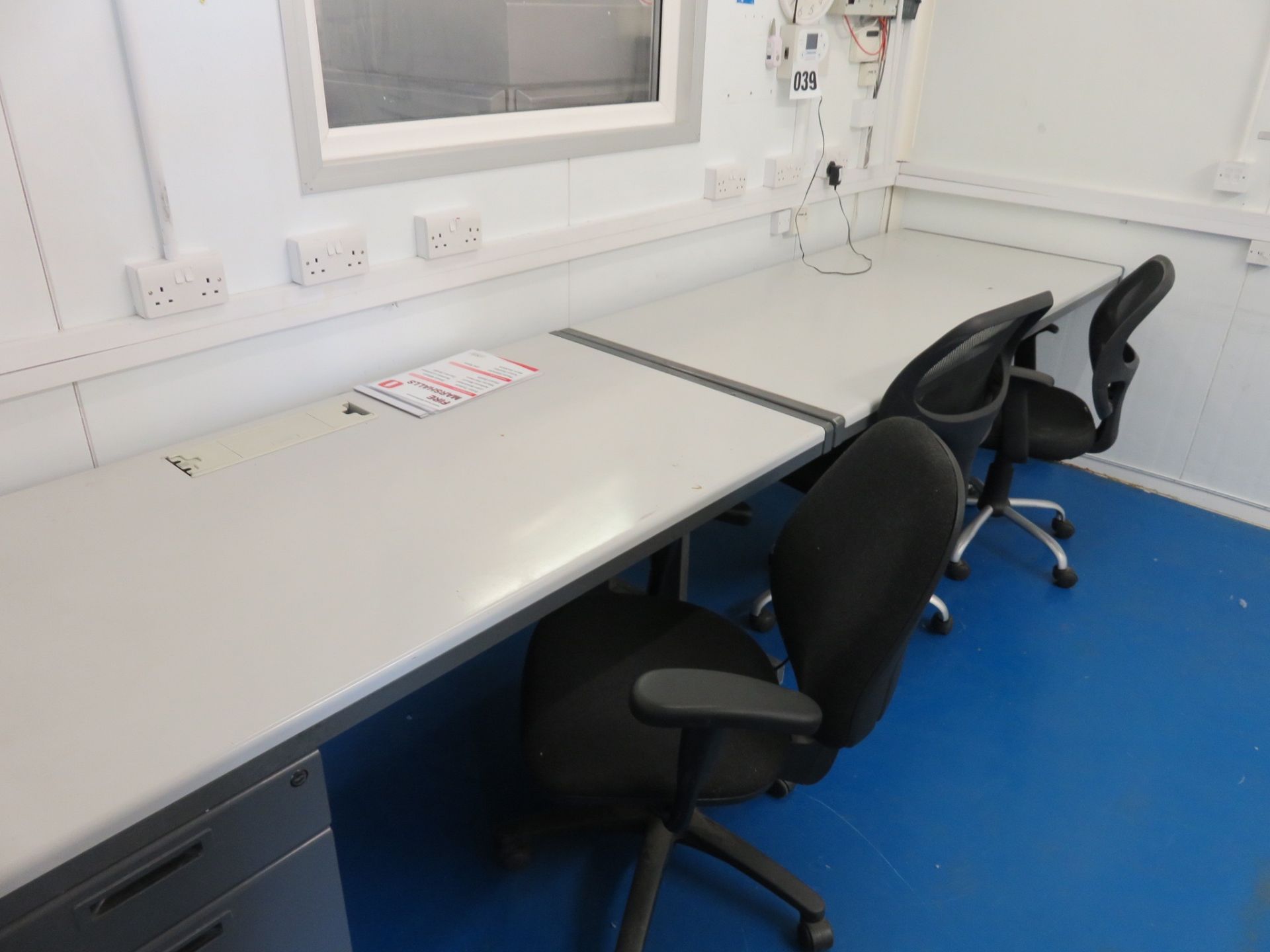 3 x desks, 4 x chairs, 2 draw cabinet, 2 nobo boards. LO £30 - Image 2 of 4