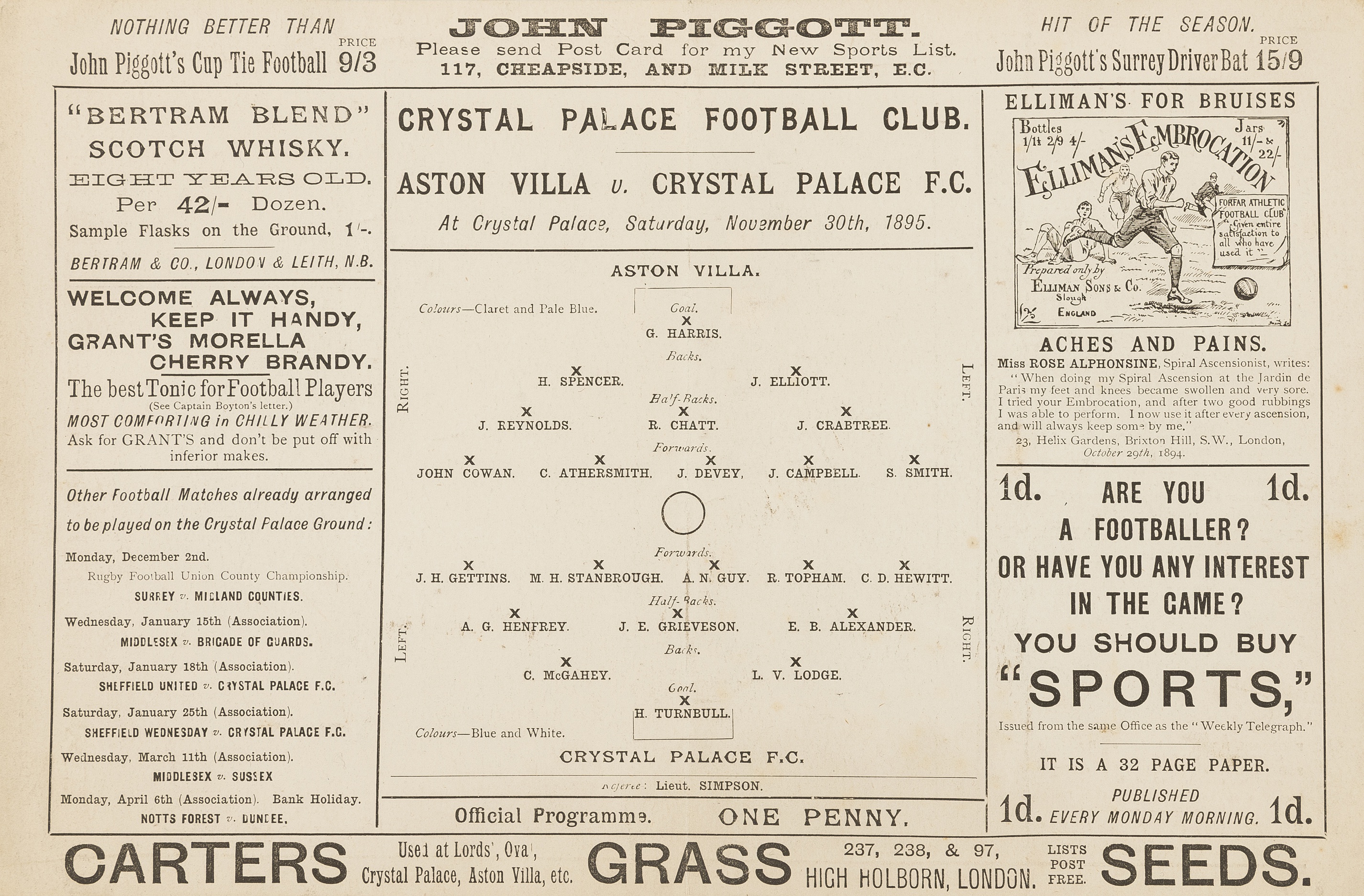 Football.- Official Programme Aston Villa v Crystal Palace, at Crystal Palace, Saturday, November …