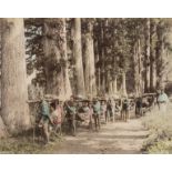 Japan.- Photograph Album, 49 hand-coloured albumen prints, contemporary roan-backed brown lacquer …