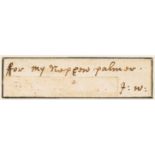 Walton (Isaac) Autograph initials and inscription, "ffor my nephew palmer I:W", ?cut from a …