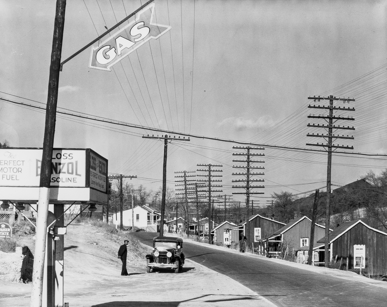 Walker Evans (1903-1975) Roadside Gas Station and Miners' Houses, Lewisburg, Alabama, 1935