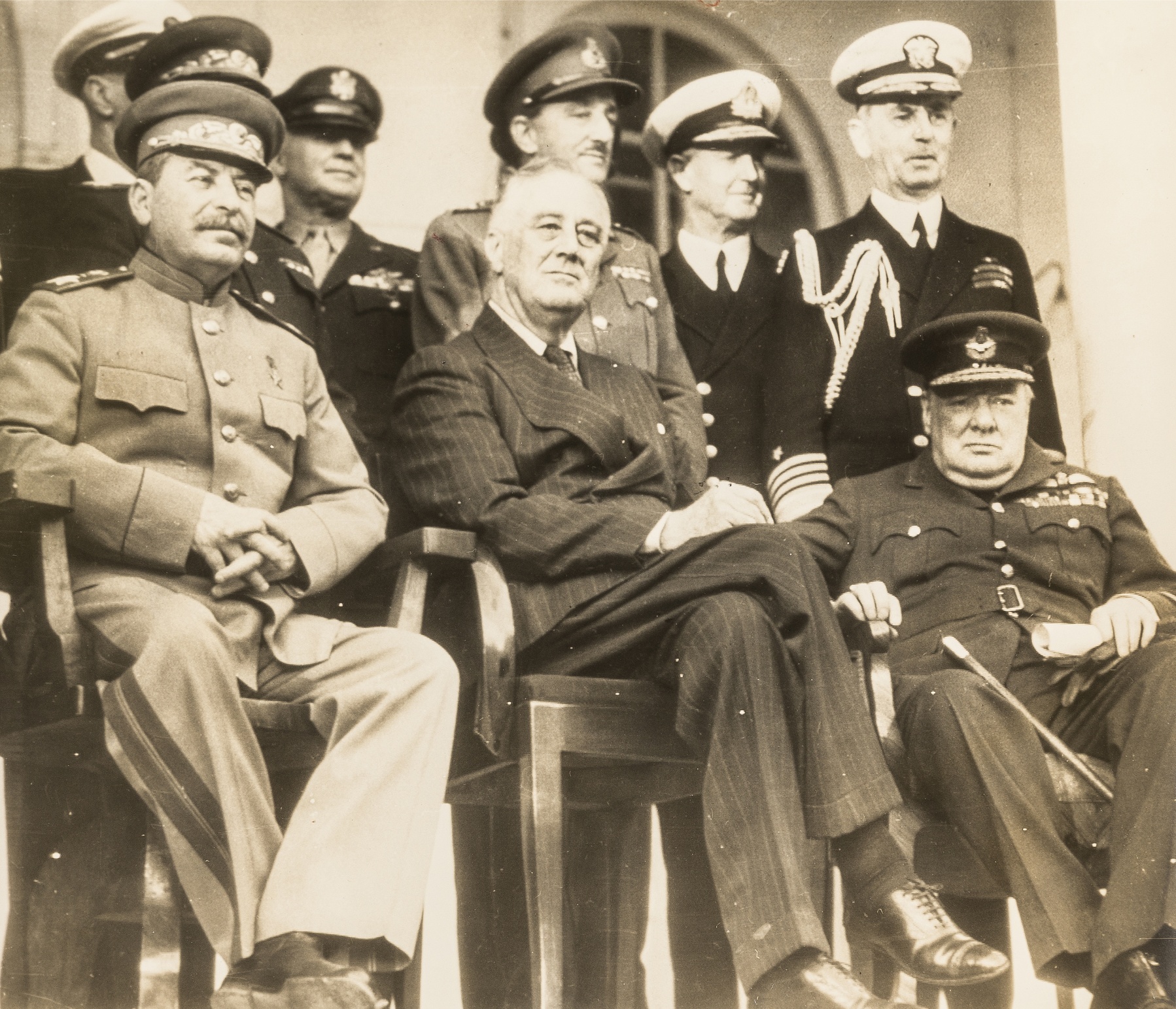 President Franklin D. Roosevelt with Churchill and Stalin at the Tehran Conference, 1943; a group …