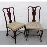 A pair of mahogany framed splat back chairs with upholstered seats and cabriole legs, (2)