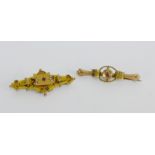 Two 9 carat gold ruby and seed pearl set brooches (2)