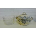 A Staffordshire pottery twin handled tureen and cover, together with a large glass bowl, (2)