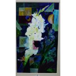 P.A. Turquand 'White Gladioli' Acrylic-on-Board, signed and framed, 42 x 74cm