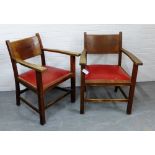 A set of six oak open armchairs with red leather seats, designed by John Archibald Campbell,