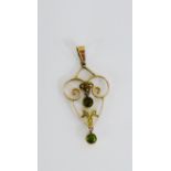 9 carat gold open work pendant set with peridot and seed pearls, 4.5cm long including suspension