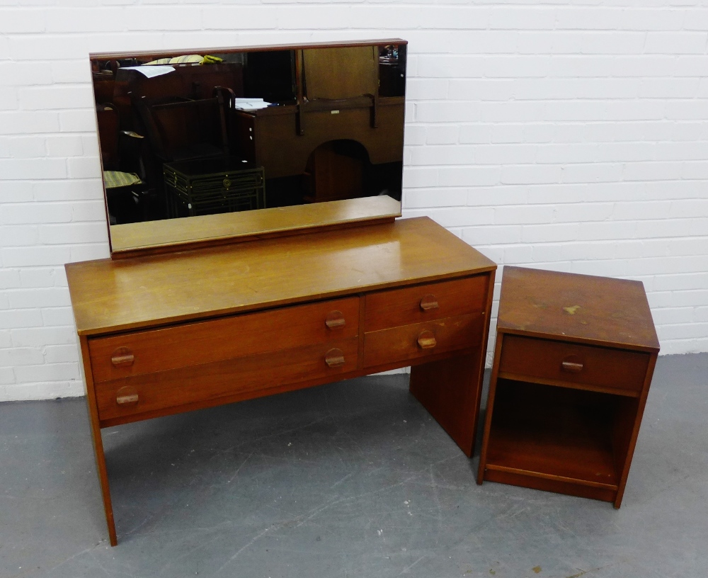 A retro teak mirror back dressing table and bedside cabinet , 128 x 120cm (2)