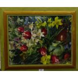 Edward Swann 'Still Life of Flowers and Vases' Oil-on-Canvas, signed in a gilt wood frame, 47 x