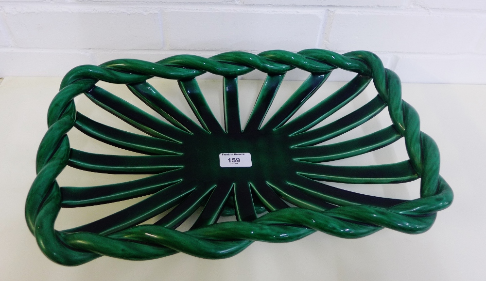 A French green glazed ceramic basket of rectangular form, 45 x 28cm