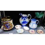 A mixed lot to include a Carlton Ware 'Petunia' patterned biscuit barrel with Epns top, a blue and