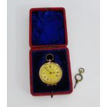 Lady's 9 carat gold cased fob watch, the dial with Roman numerals and foliate engraved centre
