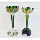 Two Bohemian glass table lamp lustre stands painted with flowers and gilt highlights (lacking