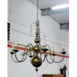 A brass Dutch style six branch light fitting, length approx 80cm