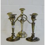 A pair of Sheffield plated knop stemmed candlesticks together with an Epns candelabra, tallest 26cm,