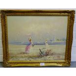 J. Miller 'The Lighthouse and two Female figures on a Shore Scene' Oil-on-board, signed, in a gilt