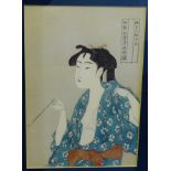 After Utamaro 'Ohkubi-e' Coloured wood block, in a glazed frame, 20 x 29cm