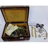 A rosewood and abalone inlaid box containing a quantity of costume jewellery etc (a lot)