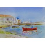 Louise Lois 'Greek Harbour Scene' Watercolour, signed in pencil in a glazed gilt wood frame, 47 x