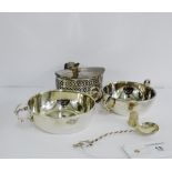 A mixed lot to include a 19th century silver plated navette shaped mustard, pair of Epns circular