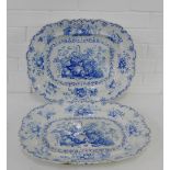 A 19th century blue and white fruit basket patterned meat draining dish and ashet, 50cm long, (2)