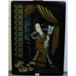 A Chinese painting on glass of a 'Woman with a Fan', framed, 44 x 64cm