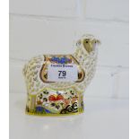 A Royal Crown Derby 'Imari' patterned paperweight of a Ewe with gold stopper, 11cm high