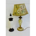 A gilt wood table lamp and shade together with a cream glazed pottery lamp base, (2)