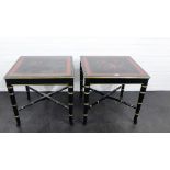 A pair of chinoiserie ebonised and gilt side tables with red bird and foliage patterned tops, 60 x