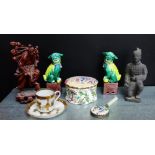 A mixed lot to include a pair of temple dogs, a carved wood figure, a stoneware figure, Famille Rose