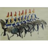 Paul Maze 'Eight Lifeguards on Horseback' Watercolour, signed, in a glazed and gilt wood frame, 35 x