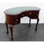 A mahogany kidney shaped desk, with green leather skivver and carved cabriole supports, 76 x 112cm