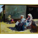 Contemporary School 'Group of Three Ladies seated in a Street Scene' Oil-on-Canvas, signed