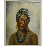 20th Century School 'Head and Shoulders Portrait of a Woman with a White Head Scarf' Oil-on-Board,