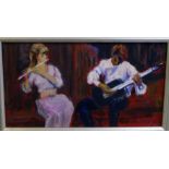 Dorothy Bradford 'Flute and Guitar' Oil-on-Board, signed, in a silver gilt wood frame, 34 x 19cm